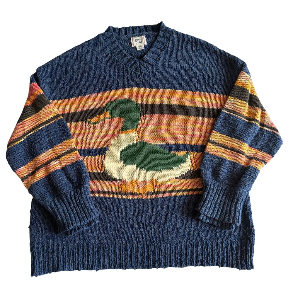 BDG Urban Outfitters Mallard Duck Sweater Women’s Medium Blue Striped Cotton - Picture 2 of 10